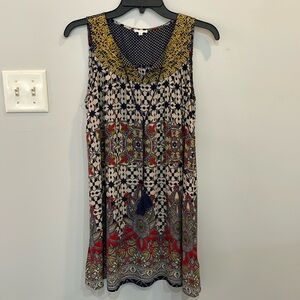 ⭐️ En Crème Boho Print Sleeveless Dress Tassel Tie Size S Lightweight Vibrant